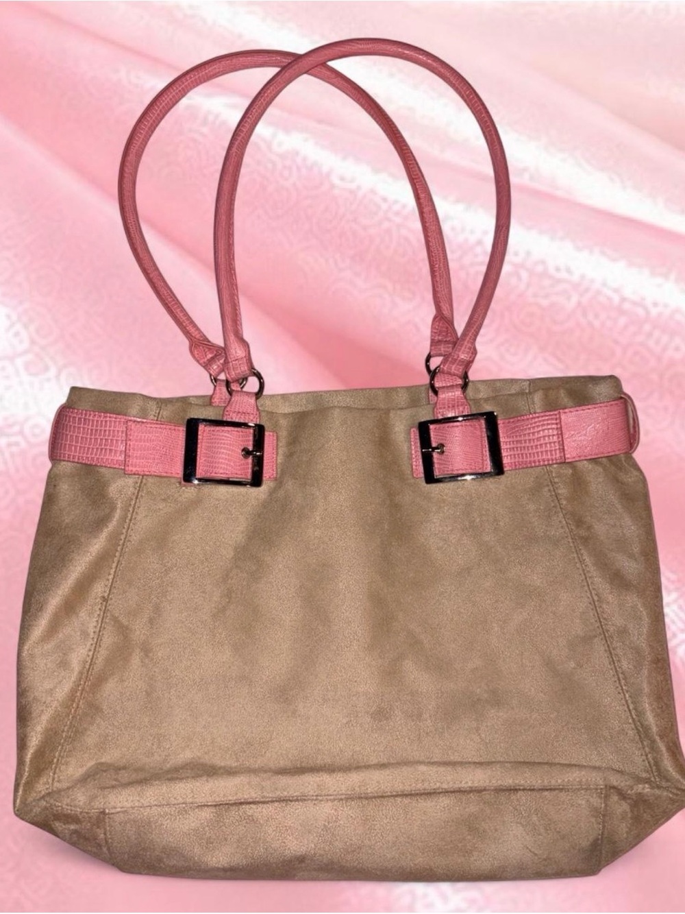 Relic Tan Tote with Pink Handles and Buckle Accents